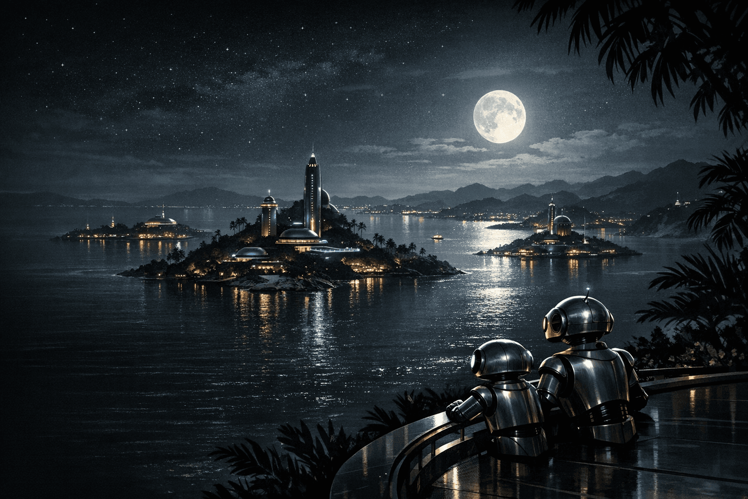 The Tropical Robots island chain in moonlit black-and-white tones.